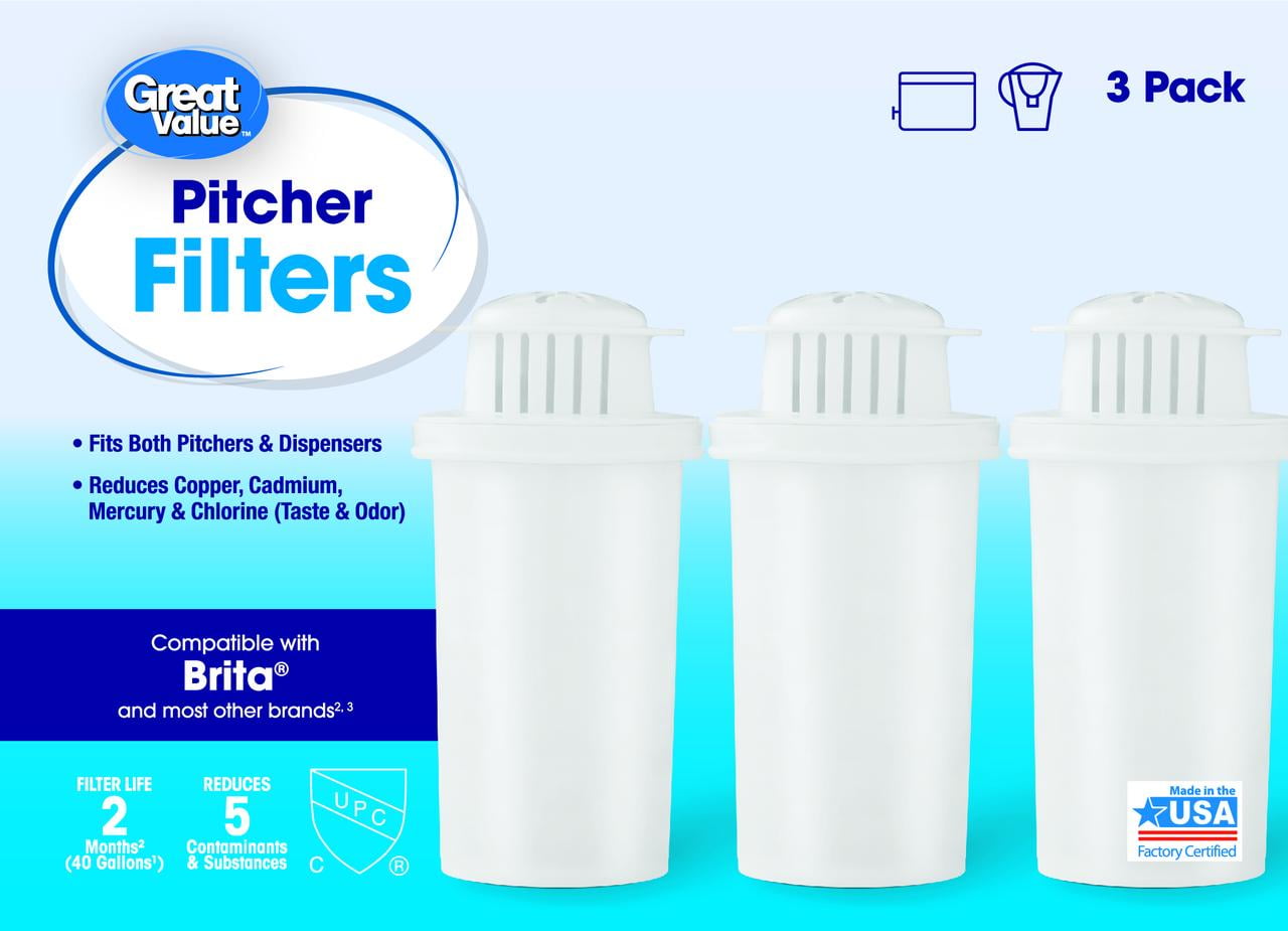 Great Value Replacement Pitcher Filter, Chlorine, Cadmium, Copper, Mercury, Zinc 3 Pack