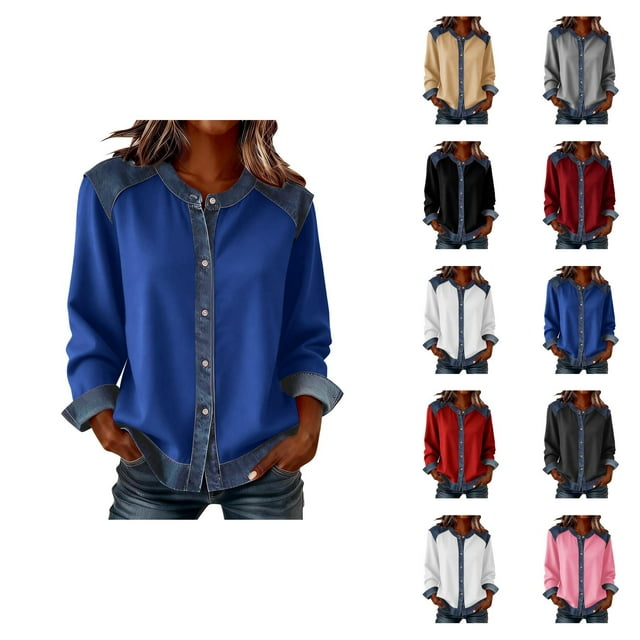 Chemises à Manches Longues pour Femmes Printemps 2026 Mode Col Rond Boutonné Patchwork en Denim Chemise Décontractée Blouse Haut