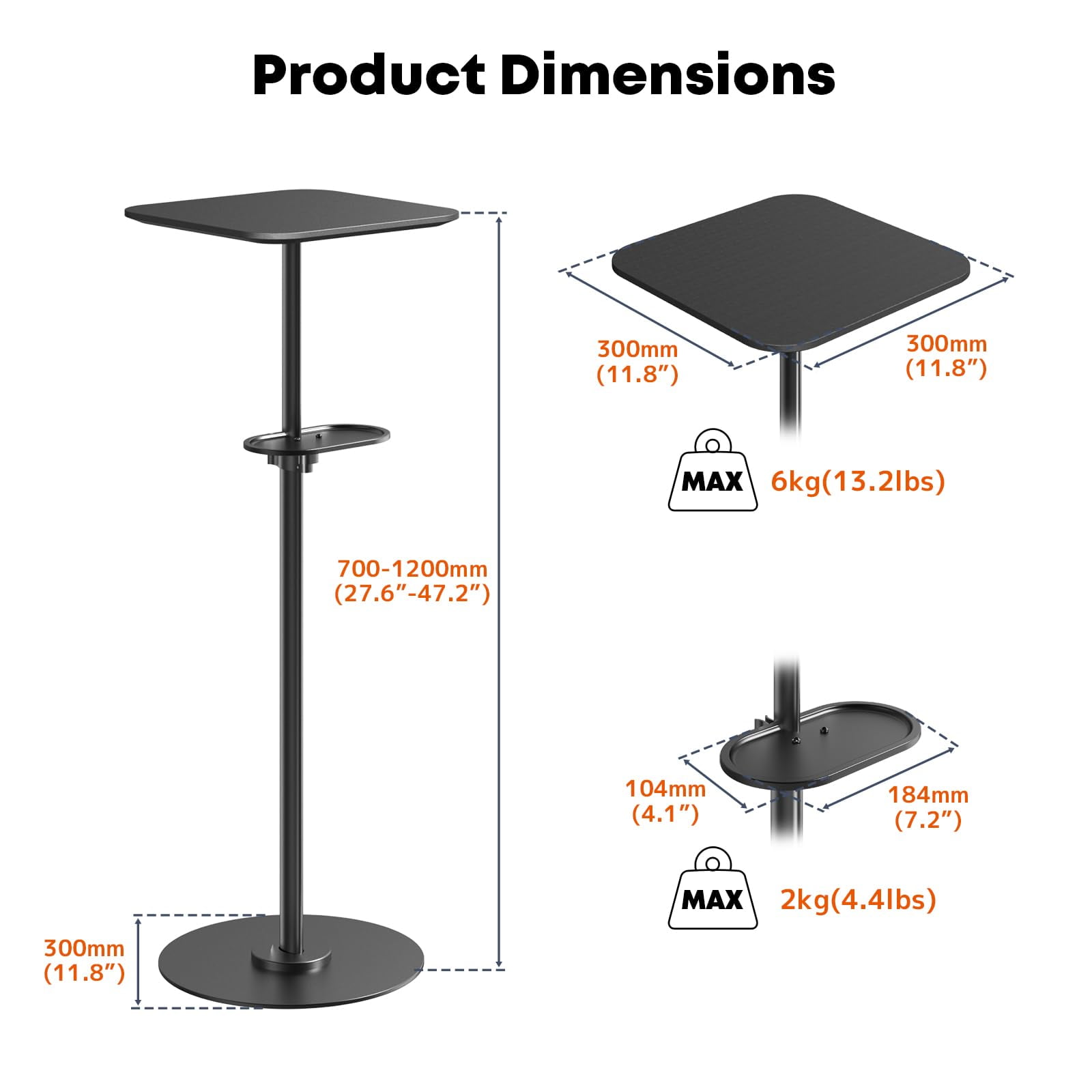 PUTORSEN Heavy-Duty Projector Stand – Height Adjustable Floor Projector Stand，Extends 27.6" to 47.2",13.2lbs Capacity, for Home, Office, and Outdoor Use