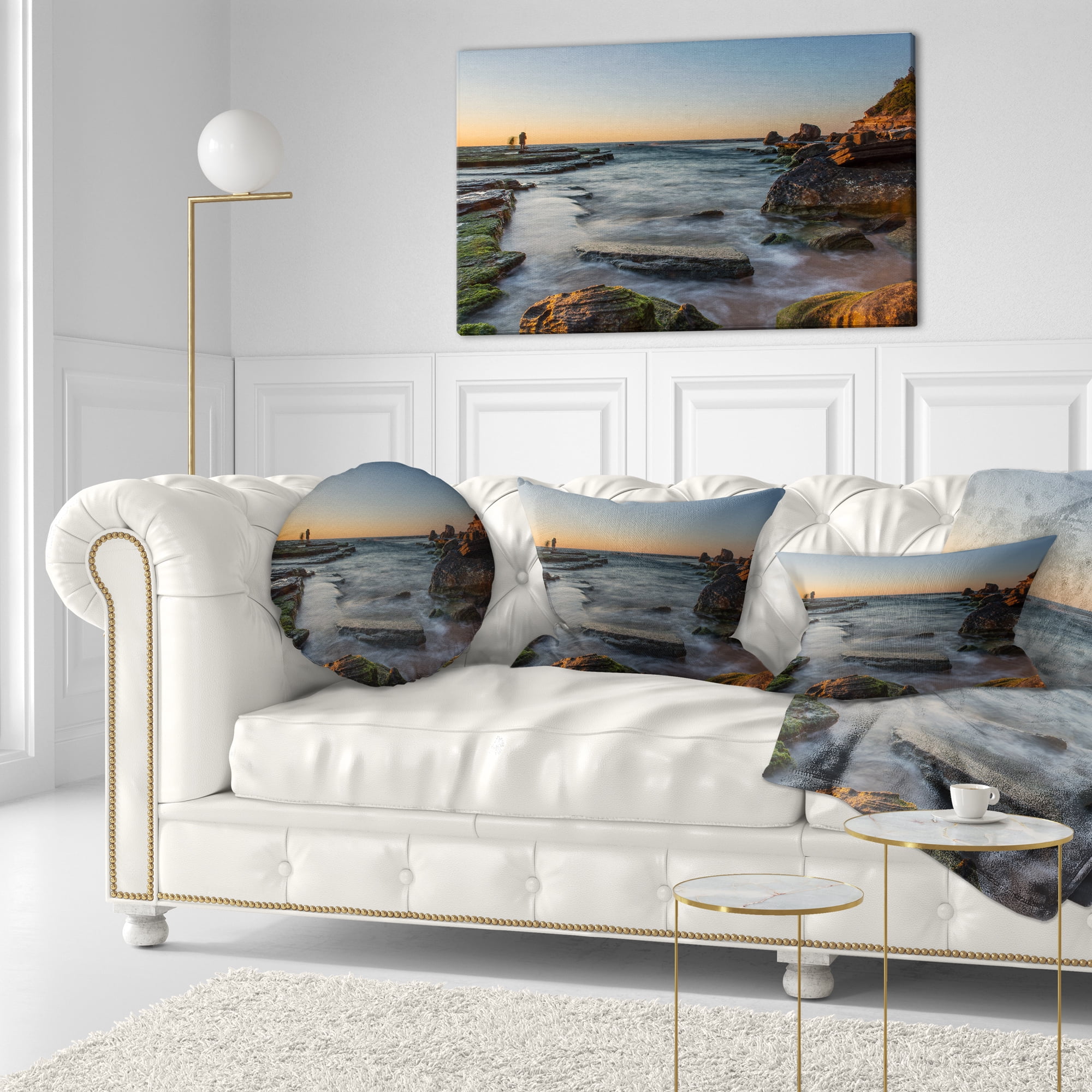 Designart Sydney Sunrise Over Seashore - Seascape Throw Pillow - 12x20
