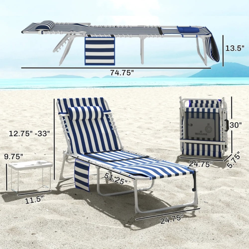 4-Piece Outdoor Lounge Set 2 Patio Loungers & 2 Folding Side Tables 5-Position Adjustable Backrest Face & Arm Holes 600D Oxford Fabric Pool Beach Chairs with Carry Strap