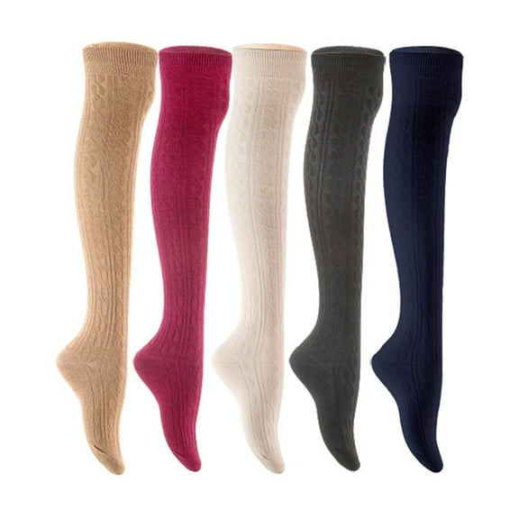 Lian LifeStyle Women's 5 Pair Adorable Comfortable Soft Thigh High Over Knee High Cotton Socks Size 6-9 L1024 Beige,Wine,Cream,Black,Navy