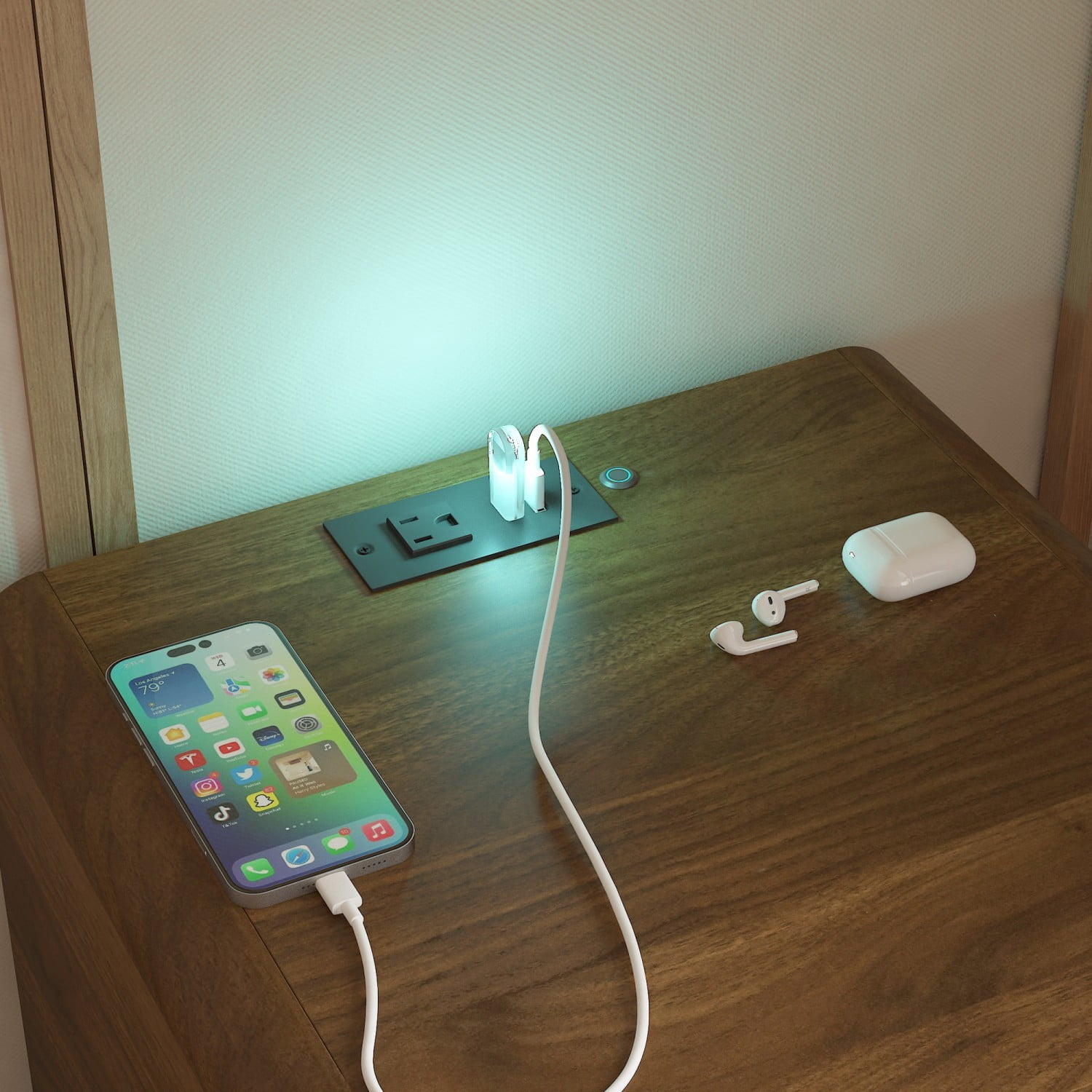 Nightstand with Charging Station, Voice Control Night Light and LED Light Strip, Modern Bedside Table with Storage Cabinet, Walnut Night Stand for Bedroom