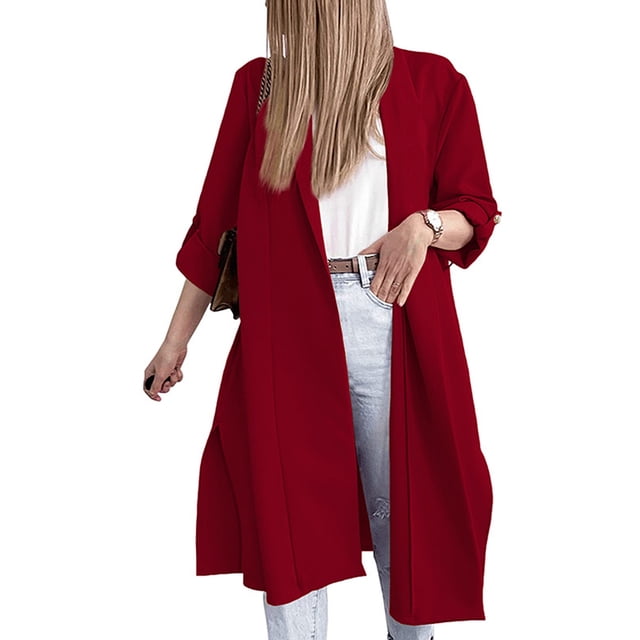 SAYOO, gabardina abierta por delante para mujer, cárdigan largo de manga 3/4 informal holgado de Color sólido para ropa de calle de otoño SAYOO moda
