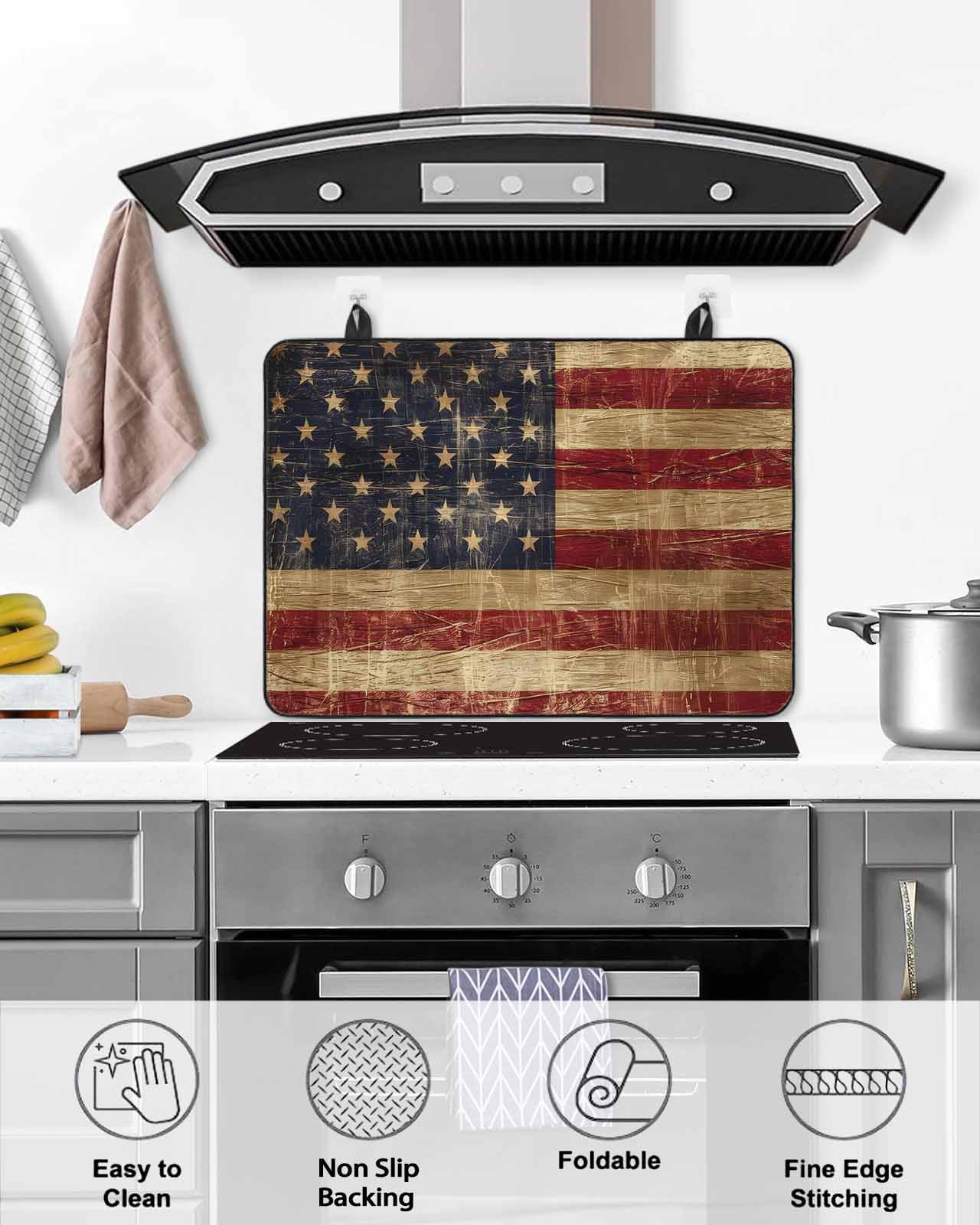 nqOlkjepod Large Induction Cooktop Protector Mat 24"x21", Vintage American Flag Stove Top Covers for Electric Stove, Farmhouse Shabby Retro Red Blue Stove Burner Cover Mats, Glass Top Stove Cover