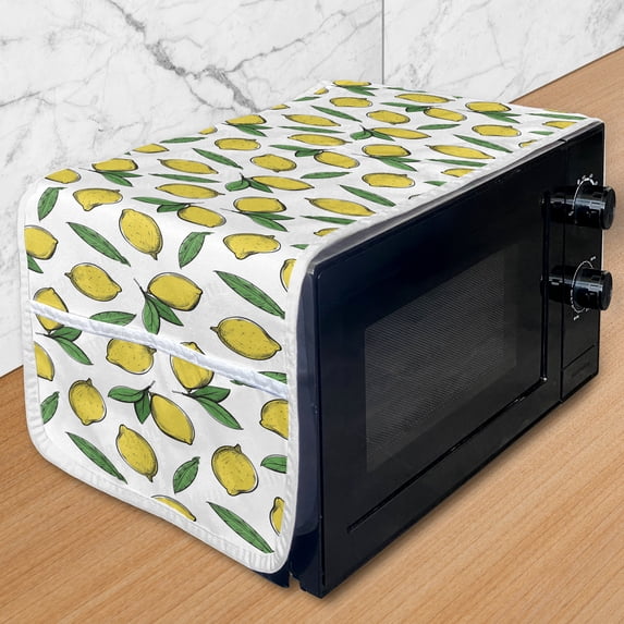 Leaves Microwave Oven Cover, Repetitive Pattern of Lemons Summer Botanical Grunge Citrus Sketch, Water Resistant Organizer with Pockets Kitchen, 36" x 12", Fern Green Mustard and White, by Ambesonne