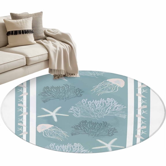 Blue Coastal 3ft Area Rug, Nautical Beach Summer Sea Starfish Coral Washable Non-Slip Small Round Rugs for Entryway Bedroom Kitchen, Soft Circle Carpet for Dining Room, Playroom Nursery Rug