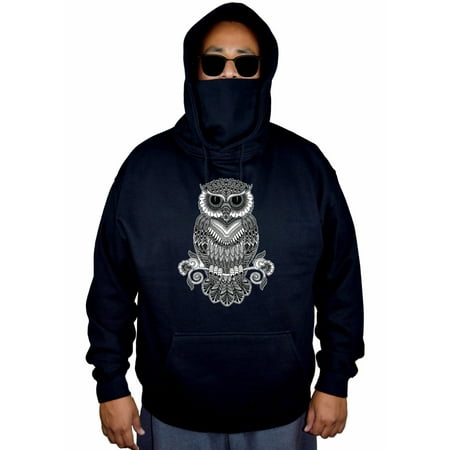 Men's Black and White Tribal Owl Black Mask Hoodie Sweater Medium Black