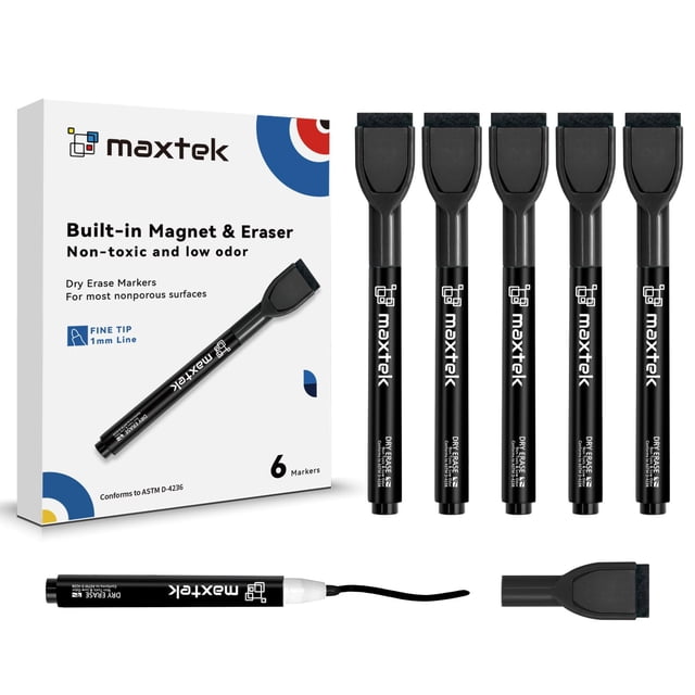 Marcadores borrables en seco magnéticos maxtek de punta fina, 6 unidades