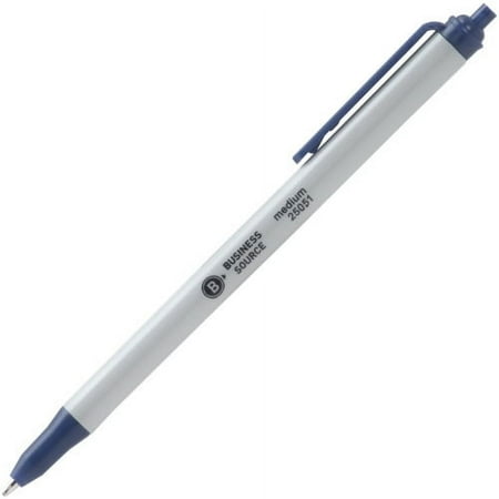 UPC: 0035255250511 | Business Source Retractable Ballpoint Pens Medium Pen Point – Retractable – Blue – Gray Barrel – 12 / Dozen