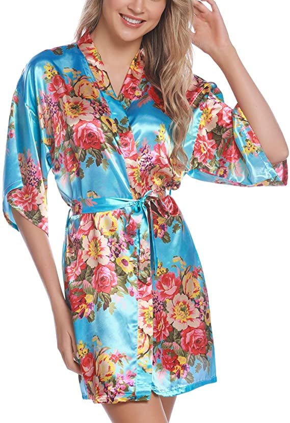 Women's Dressing Gown Kimono Smooth Satin Nightwear Rose Blossom