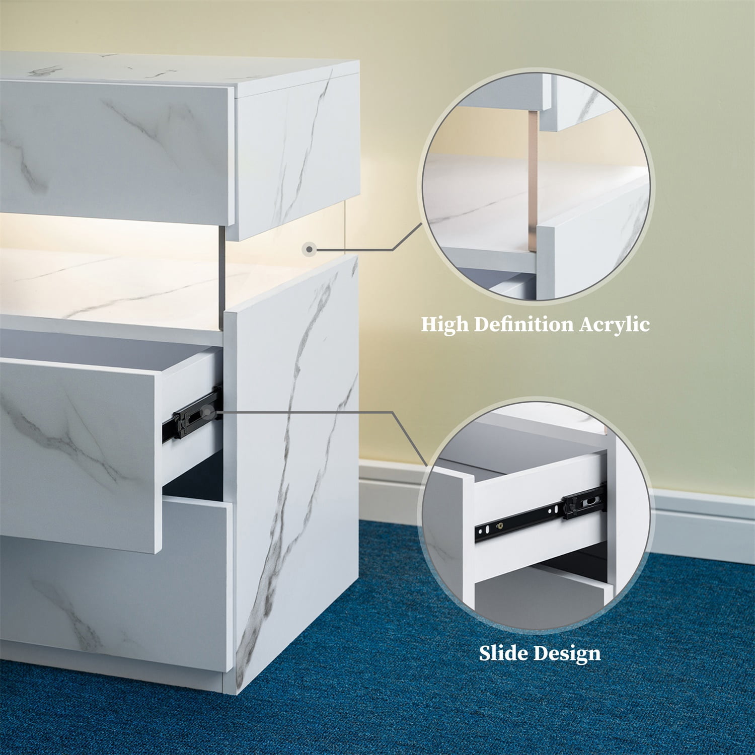 Hommoo 3 Drawer Dresser LED Nightstands, End Table Bedside Tables for Bedroom, Living Room, White Stone