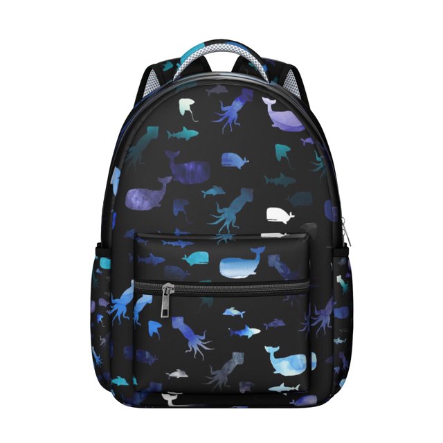 Watercolor Whale and Dolphin Student Backpack Waterproof Scratch-Resistant Composite Oxford Cloth with Nautical Hand Drawn Marine Life Design, Comfortable Adjustable Straps for Outdoors