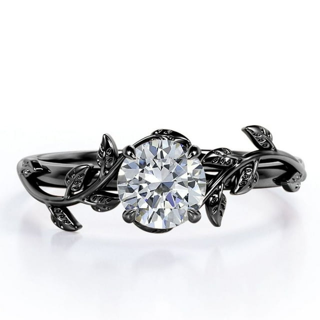 JeenMata Anillo de Compromiso Bohemio de Moissanita de Corte Redondo de 0,50 Quilates Anillo de Promesa de Moissanita Vintage: Oro Negro de 18 K sobre Plata