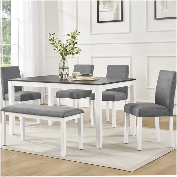 Modern 6-Piece Dining Table Set with Bench and Upholstered Chairs, Grey and White Two-Tone Kitchen Dining Room Furniture