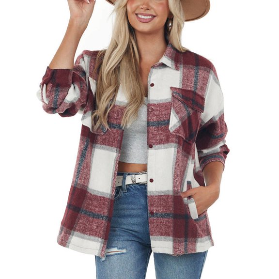 Women's Jackets Lightweigh Athletic Casual Loose Plaid Printed Long Sleeve Vintage Lapel Wool Coat
