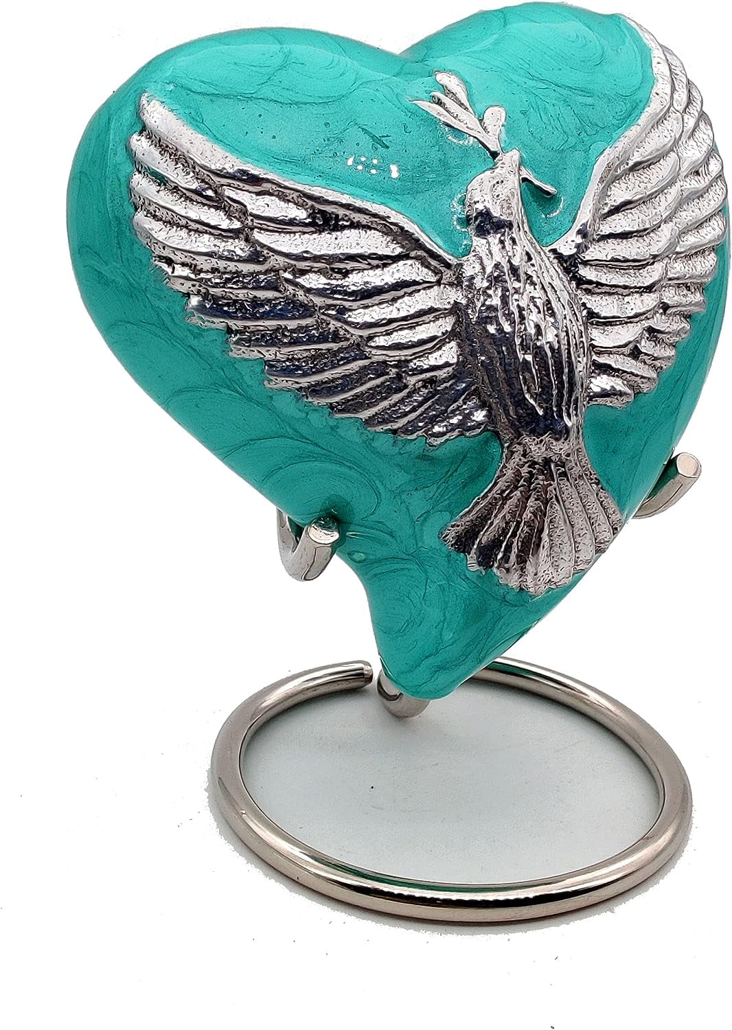 5MOONSUN5's Heart Sea Green Urn Keepsake Cremation Urn for Human pet Ashes with Bird engraved Urn Heart Shaped Perfect for Adults & Infants Honor Your Loved One. Comes with Brass Stand & Premium Box