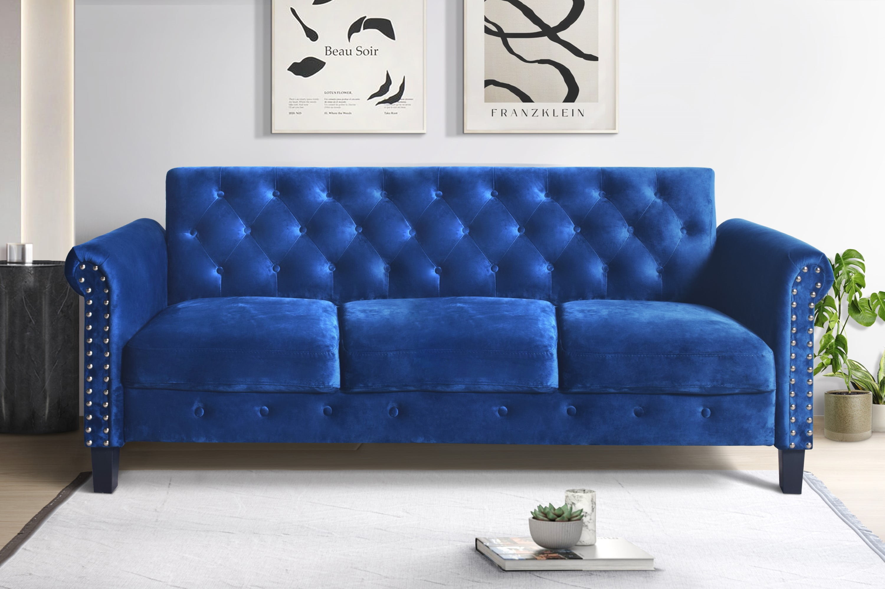 Home Design Casper 2-Piece Velvet Living Room Set with Loveseat and Sofa, Rolled Arms, Nailhead Trim, Navy Blue, Adult
