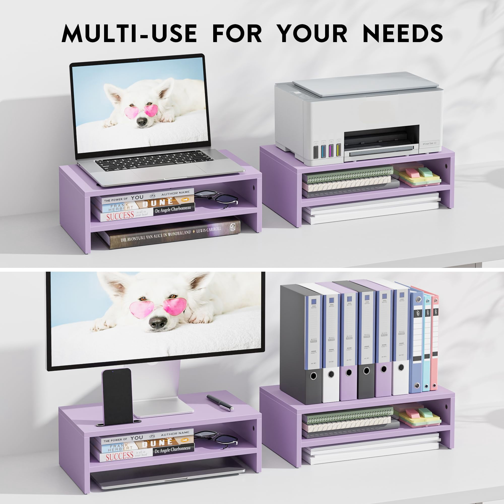 Wooden Monitor Stand Riser  2-tier Desk Shelf With Storage Organizer Computer Cable Management Cellphone Holder Purple 16.5 Inch