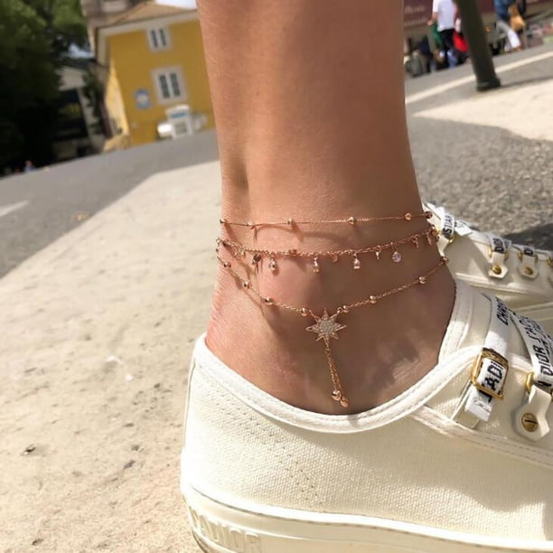Tobilleras para mujer, tobilleras de moda para mujer, con cuentas de arroz y colgante de estrella de seis puntas, juego de 3 piezas de aleación.