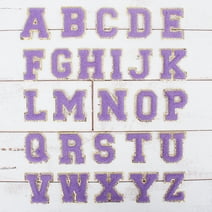 26 Letter Set Chenille Iron On Glitter Varsity Letter Patches - Purple Chenille Fabric With Gold Glitter Trim - Sew or Iron on - 8 cm Tall