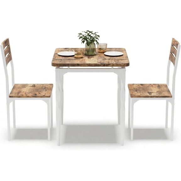 3 Piece Dining Table Set for 2, Farmhouse Kitchen Table Set with Upholstered Chairs, Space Saving Apartment Dining Furniture with Wood Top and Metal Frame