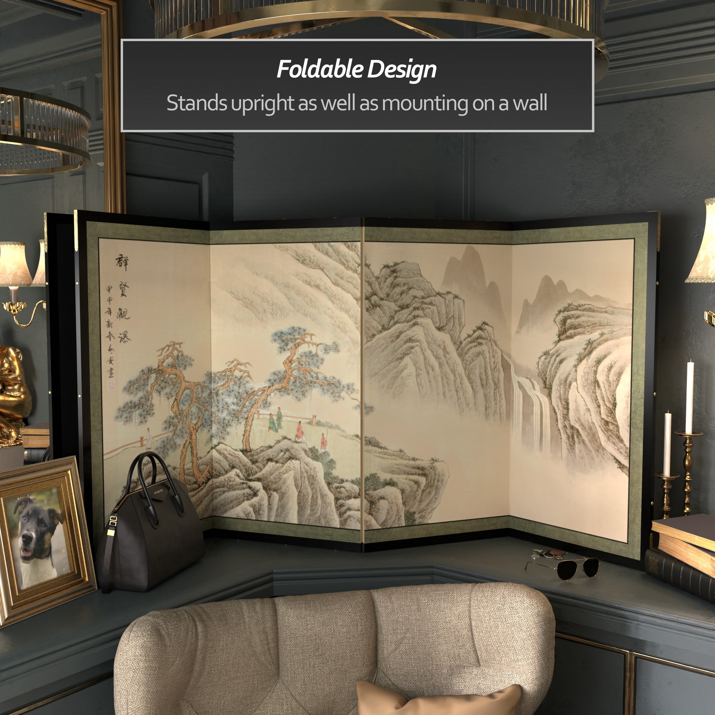 6ft. Long Handpainted Chinese Silk Wall Art Screen - Mountain Landscape
