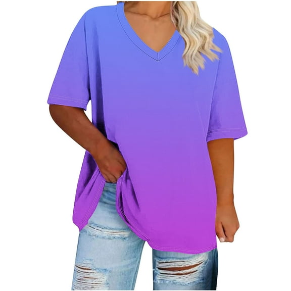 AVTOIFY Summer Womens Blouses Dressy Casual, Women's Oversized Casual V-neck Short Sleeved Solid Summer Base Shirt Sports T-shirt Purple M