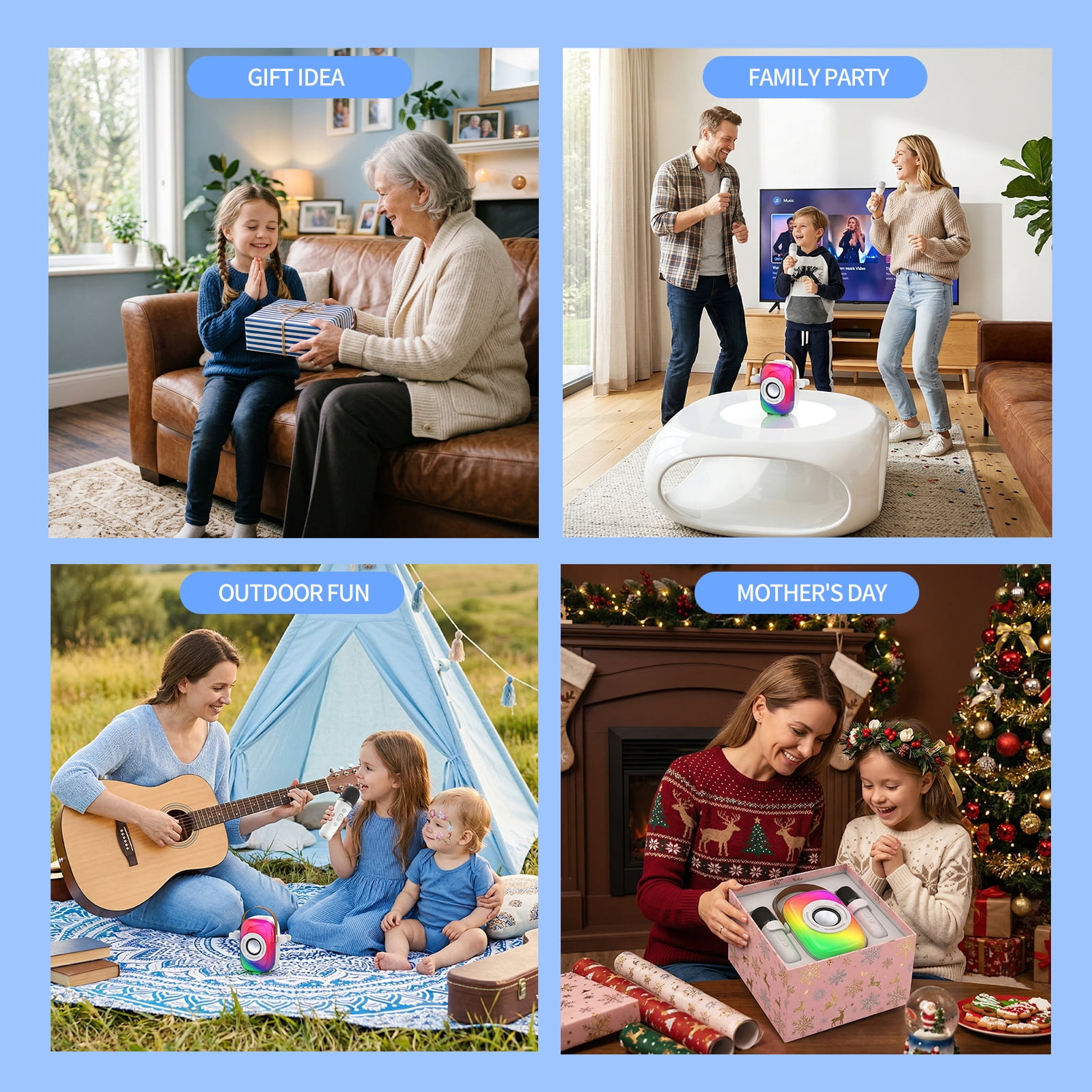 Jierben Kids Karaoke Machine for Party, 2 Wireless Mics, Mini Karaoke Machine, Bluetooth 5.0, LED Light Show, Eight Lighting & Four Voice Modes