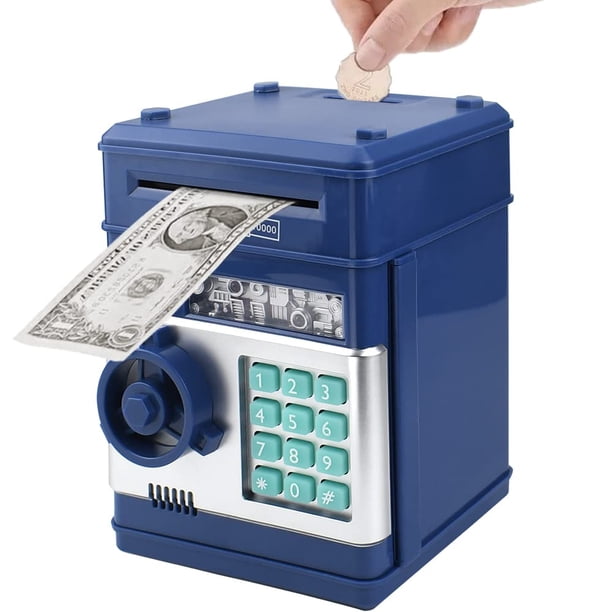 Totola Hucha Mini Cajero Automático Electrónico para Niños Juguete para Bebés Hucha Segura Caja de Ahorro de Dinero Bloqueo de Código de Contraseña para Niños Niños Niñas El Mejor Regalo (Azul Marino)