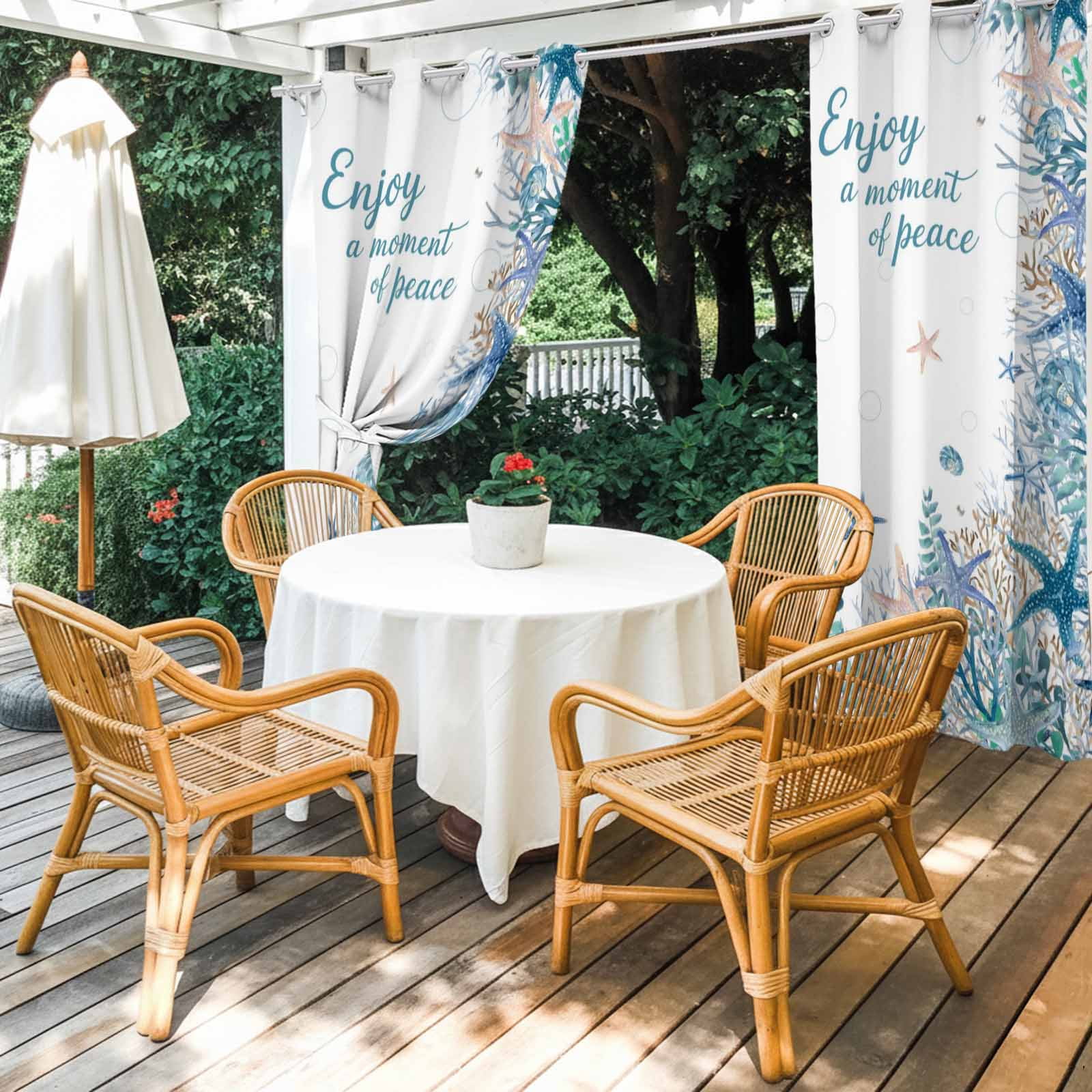 Ocean Life Outdoor Curtains for Patio, Blue Starfish Coral Eucalyptus Leaves Enjoy A Moment F Peace Sunshade Privacy Drapes Grommet Waterproof Outside Curtains for Porch Balcony 54"x108", 1 Panel