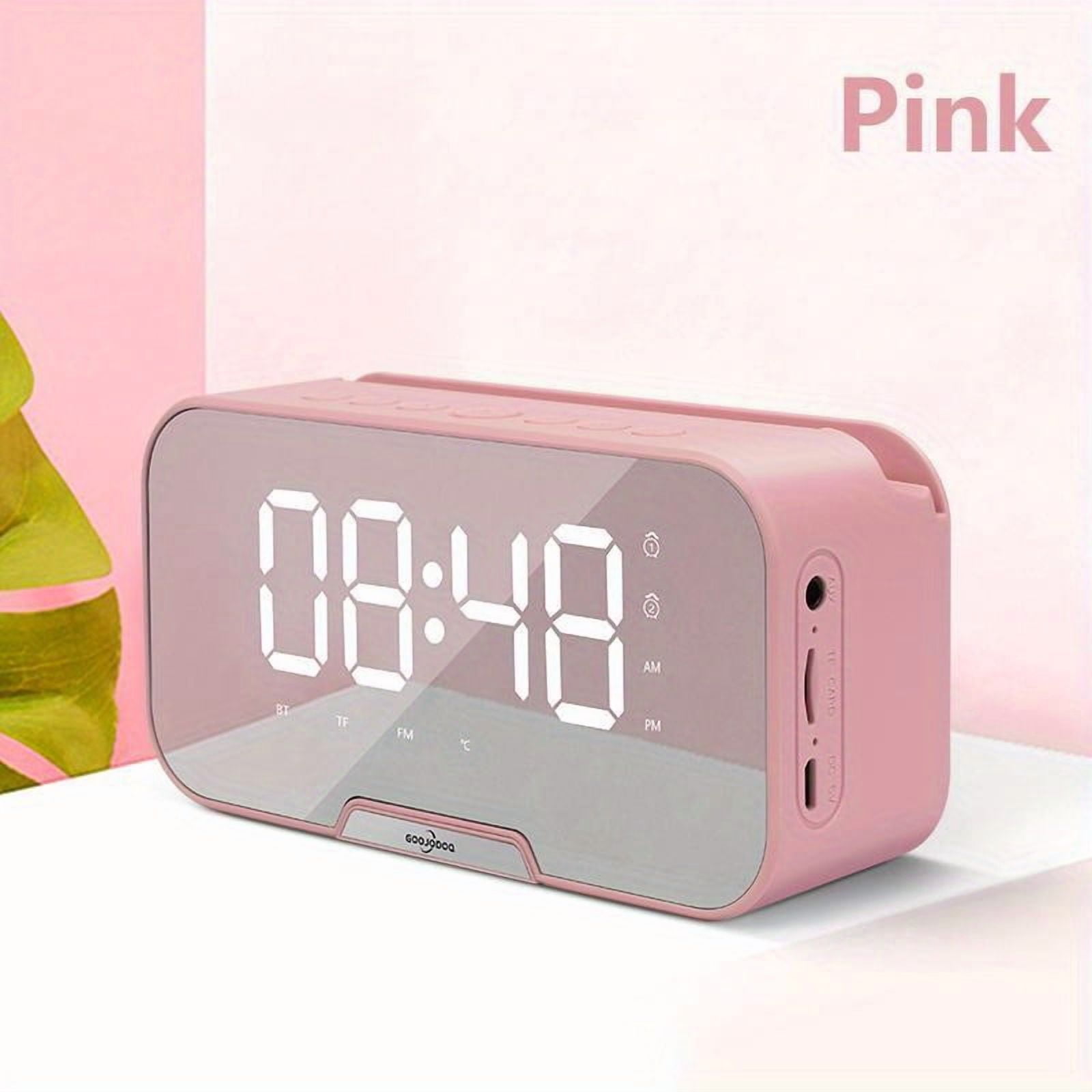 Wireless Speaker Alarm Clock with FM Radio, Wireless Microphone & Mirror Display, Portable USB Smart Speaker System, TF Card Reader, Volume and Brightness Control, Pink, Ideal Gift