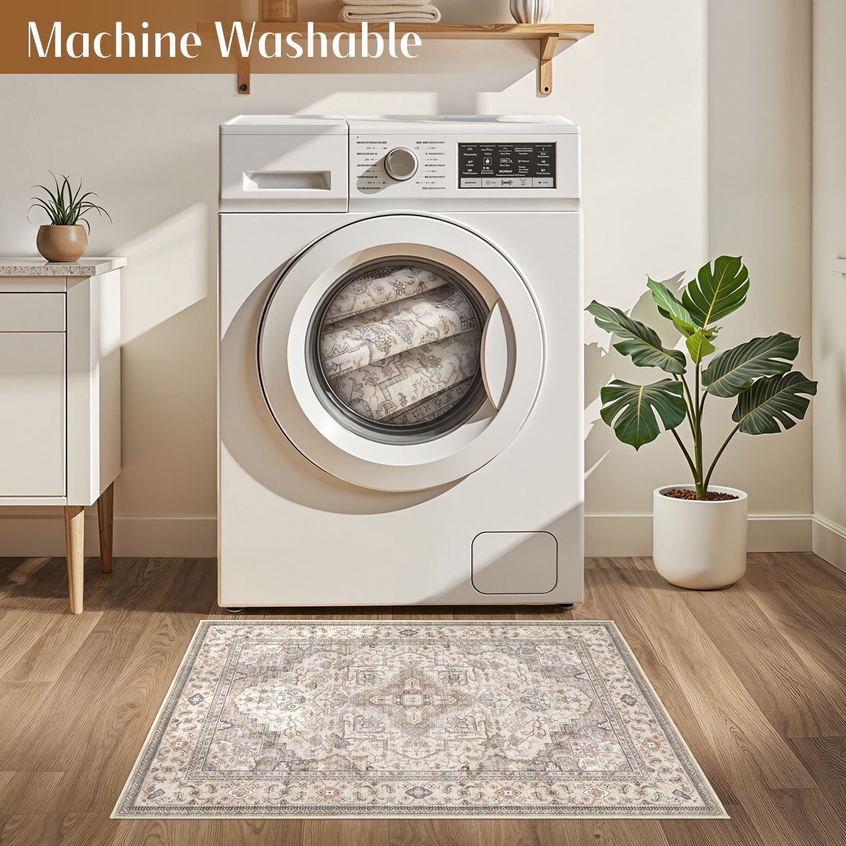 UERMEI 2x3 Washable Area Rugs for Living Room, Modern Vintage Printed Rug, Vacuum-Friendly, Non Slip Indoor Rug for Bedroom Entryway Home Decor Carpet, Beige Brown