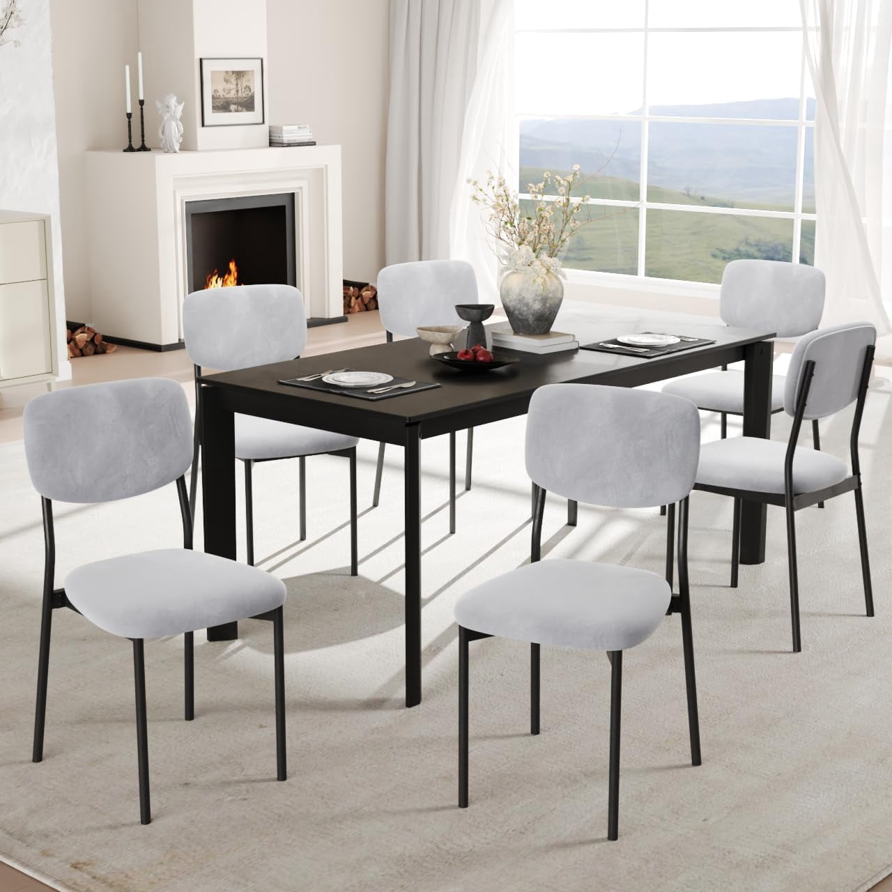 Upholstered Dining Chairs Set of 4, Stackable Modern Dining Room Chairs, Kitchen Chairs w/Soft Velvet Backrest & Sturdy Metal Legs ,Light Grey