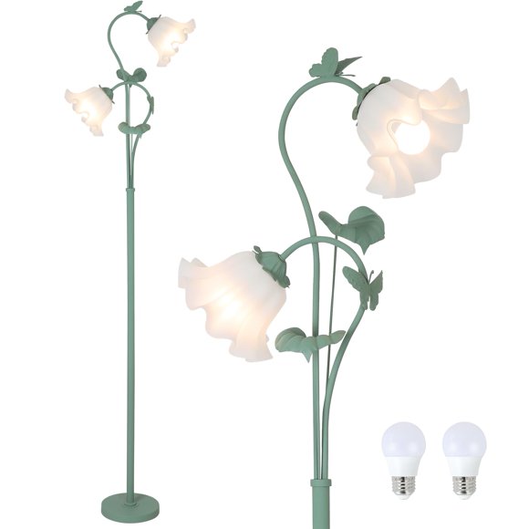 HMVPL Lampe sur Pied à Fleurs pour Salon, Lampe sur Pied Vintage avec 2 DEL 5 W à Tige, Interrupteur au Pied, Lampe sur Pied Verte avec Abat-Jour en Acrylique, T Floral Unique