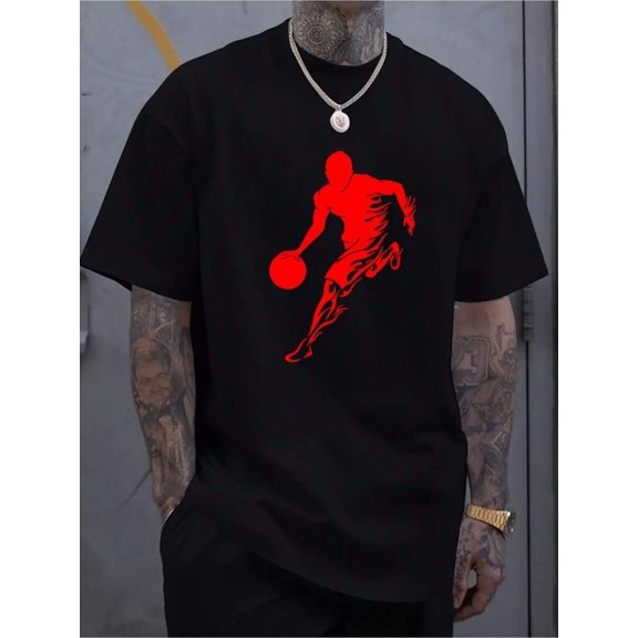 [Silhouette Printed Basketball Tee] Men'S Basketball Silhouette Printed T-Shirt 100% Cotton Casual Crew Neck Long Sleeve Tee With Slight Stretch, All-Season Comfort Fit Knit Fabric Top