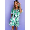 thumbnail image 3 of Women's Green Floral Print Shirred Square Neck Mini Dress with Puff Sleeves | [ZhiHiMeRi] | (US 12-14)L, 3 of 12