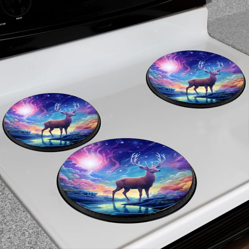 Bahomeck Gas Stove Burner Cover Set Of 4,Majestic Deer Standing In The Center Of Enchanted Forest Metal Electric Stove Burner Covers,Protecting Gas Stoves,Kitchen Decor，8 Inch And 10 Inch