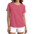 thumbnail image 2 of Womens Casual Tops Solid Color Crewneck Short Sleeve Buttons Shirts Summer Daily Vacation T Shirt Hot Pink S, 2 of 8