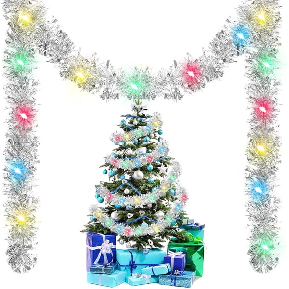 NOGIS 16.4FT Prelit Christmas Tinsel Garland Green Metallic Twist Tinsel Garland with LED Lights Battery Operated Xmas Hanging Garland Decoration for Christmas Tree Home Party Supply (Silver)