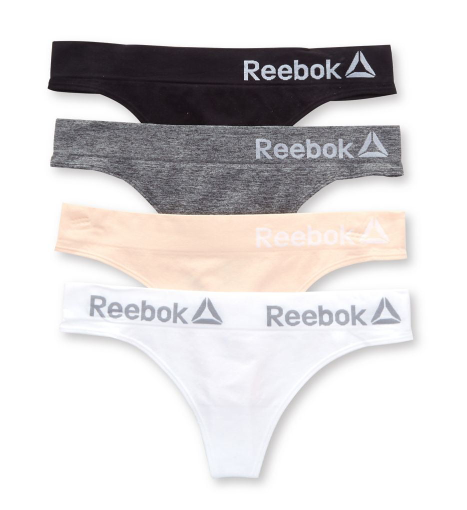 4 Pack Reebok Womens Seamless Thong Underwear with Tag Free Elastic Waistband 