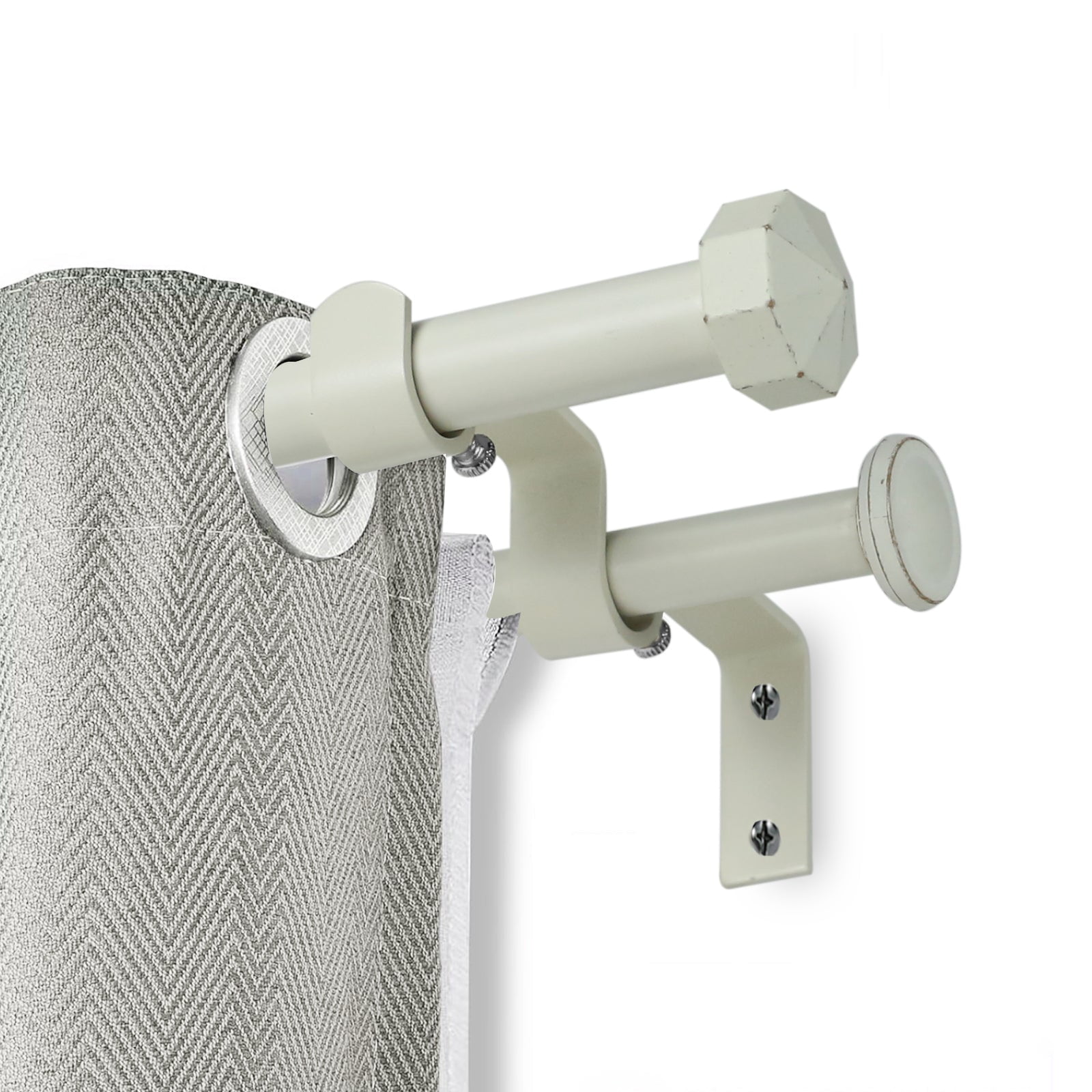 Ridicili 5/8" Telescoping Double Curtain Rods with Octagonal Finials, Weathered White,,48"-84", 5/8 Inches Front and 1/2 Inches Back Double Window Drapery Rod