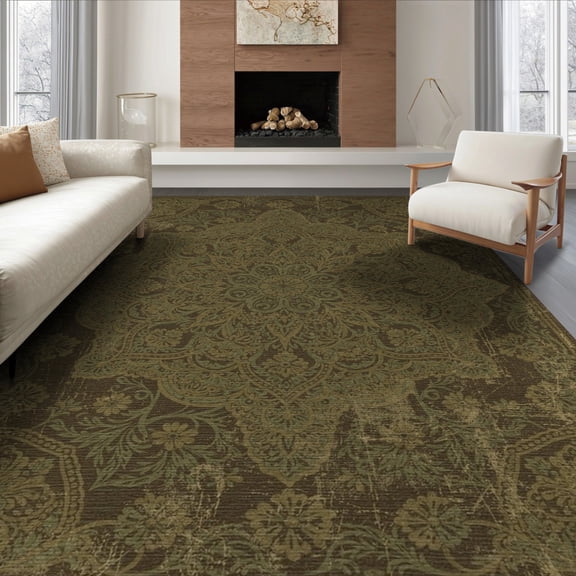 ODIKA 8'x10' Washable Area Rug Non-Shedding, Easy Care, Boho Faded Vintage Ornate Moody Tone Retro Dining Under Table for King Size Bedroom Bed, Master Suite