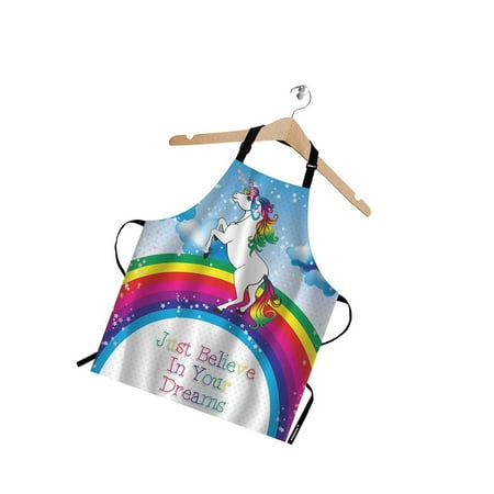 Unicorn Apron,White Unicorns Stand On Rainbow Stars In Sky Bib Apron With Adjustable Neck For Men Women,Suitable For Home Kitchen Cooking Waitress Chef Grill Bistro Baking Bbq Apron