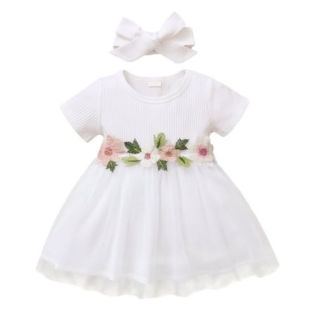 

Toddler Kids Girls Dresses Floral Ribbed Short Sleeve Mesh Embroidered Tulle Ball Gown Hairband Dress Princess Set Clothes
