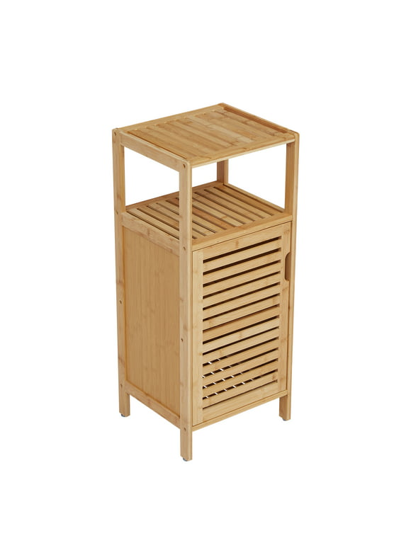 Kinbor Bamboo Cabinet with 5 Hooks Storage Organizer Single Door and Shelf Freestanding Kitchen Bathroom Living Room