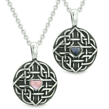 Amulets Love Couple Best Friends Celtic Shield Knot Heart Pink Simulated Cats Eye Goldstone