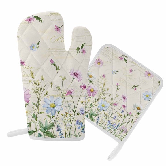 Oven Mitts and Pot Holder Set for Kitchen, Wildflowers Kitchen Oven Gloves Heat Resistance Non-Slip Surface Potholders Vintage Floral Herbs Fields Hot Pads Sets for Cooking Baking Grilling BBQ