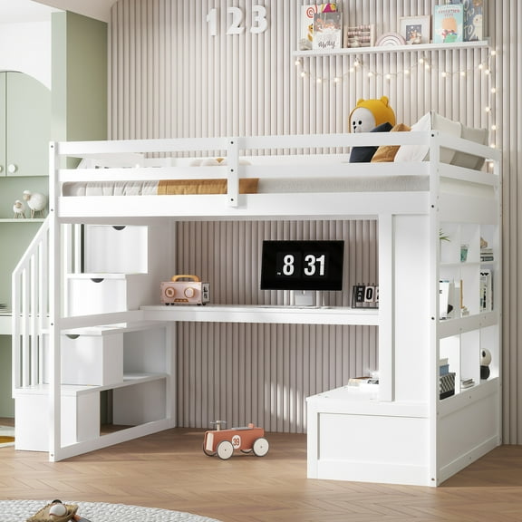 White Size Loft Bed With Desk, Shelves, Two Drawers & Versatile Storage Staircase Built-in Functional Space
