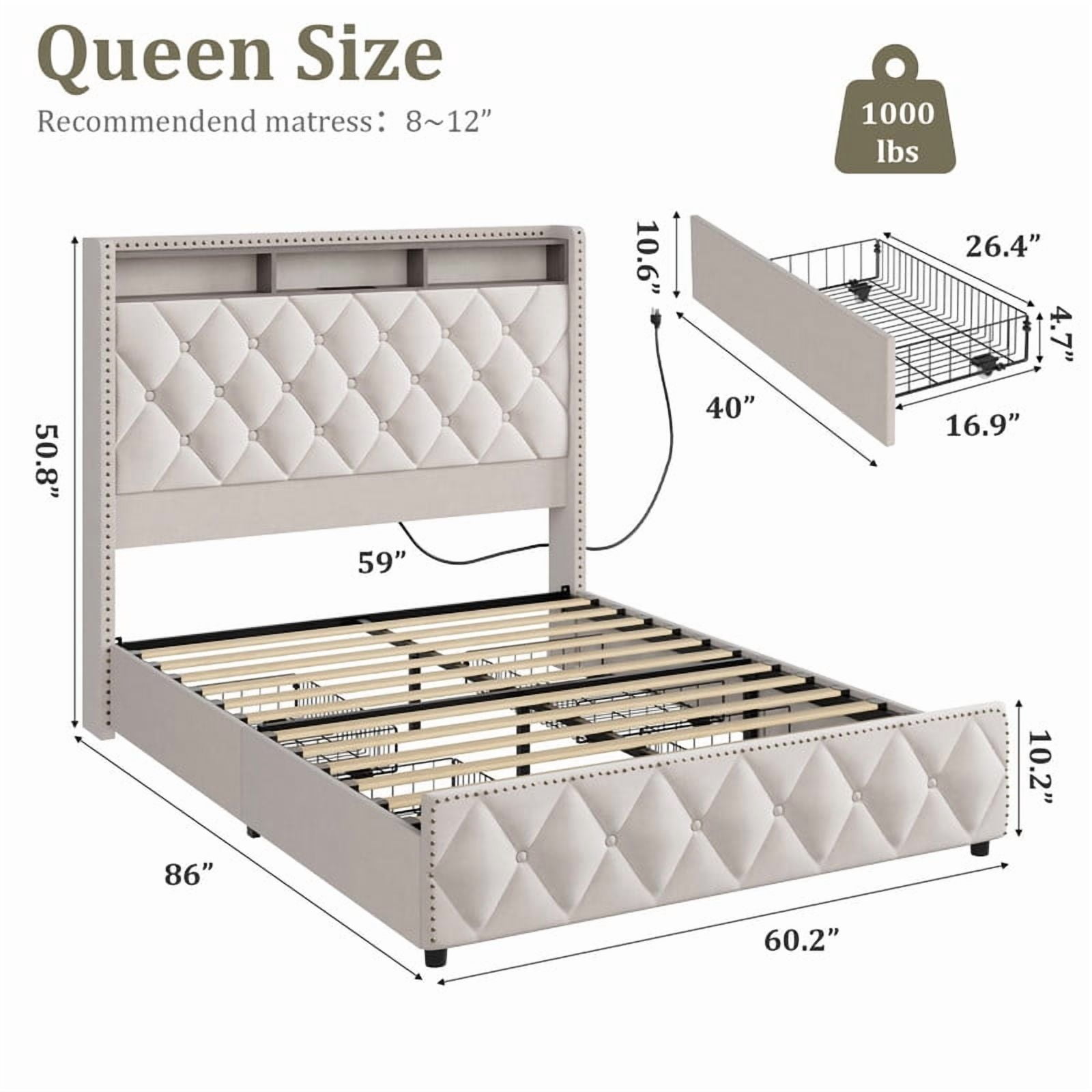 Towallmark Queen Size Bed Frame with 50.8" Tall Headboard, Platform Velvet Upholstered Bed Frame with 4 Storage Drawers, USB Charging Station, Led Lights, No Box Spring Needed, Easy Assembly,Gray